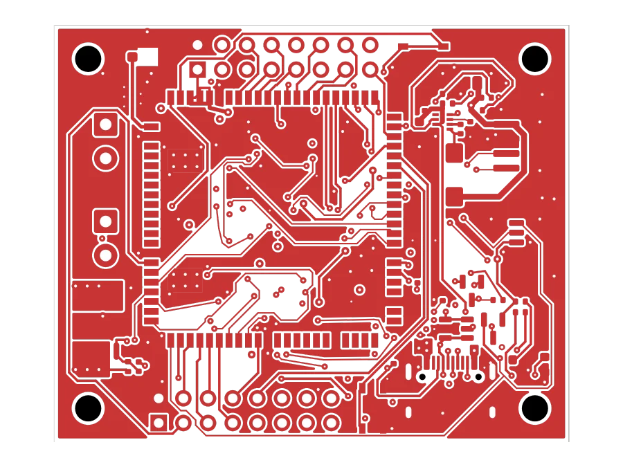 The front copper of the ESP32-P4 controller rev E: traces, pads, pours and vias inside the 53 × 43 mm outline