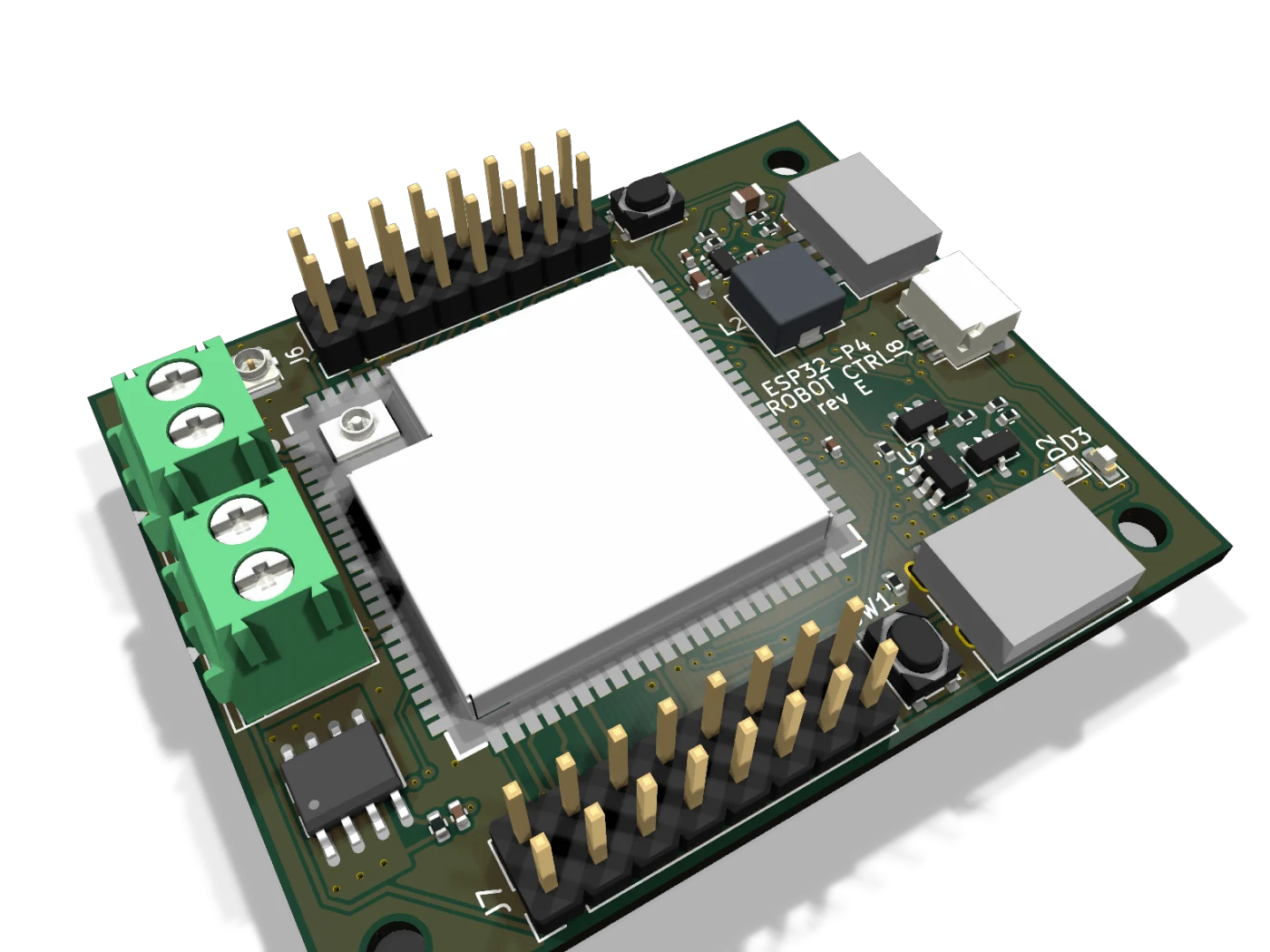 The ESP32-P4 robotics controller rev E in 3D: the module, two screw terminals, two pin headers, a USB-C corner