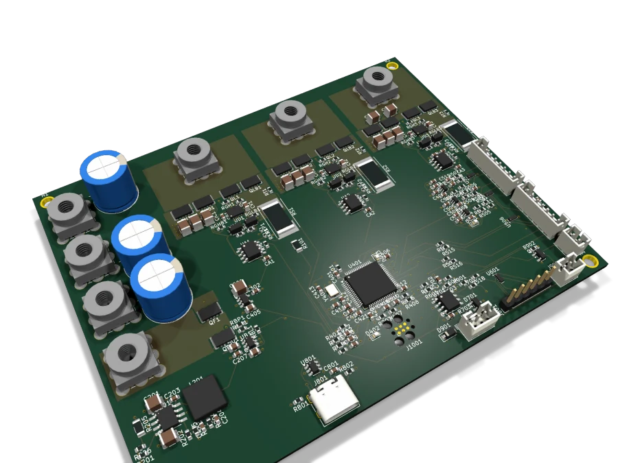 A 60 A GaN motor controller board: seven press-fit power terminals, three bus capacitors, the GaN stages, the MCU, a USB-C port